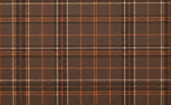 Brown plaid flannel fabric pattern background texture with orange and white lines for apparel and home decor