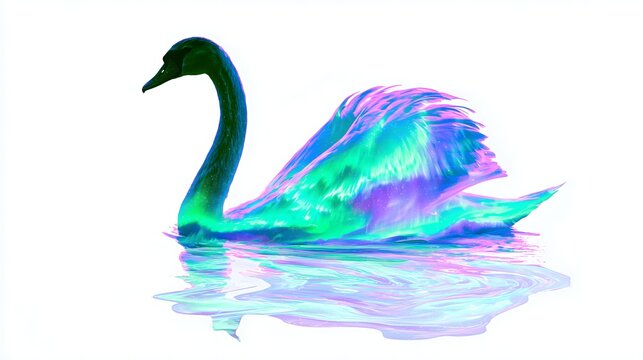 白鳥とオーロラの融合,二重露出, 鮮やかでカラフルなネオンカラーの幻想的で儚く美しい