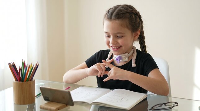 Speech therapy: Child with tracheostomy practices communication gestures during remote learning