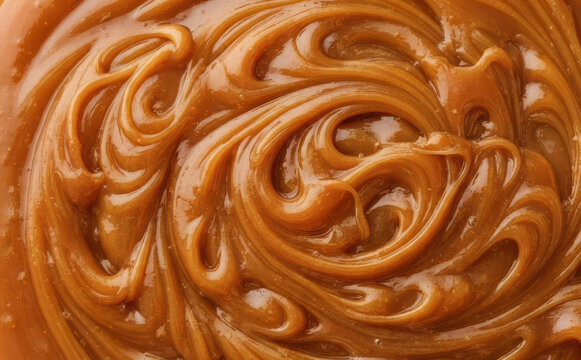 Creamy sweet caramel sauce swirled texture close up background for delicious dessert recipe concepts