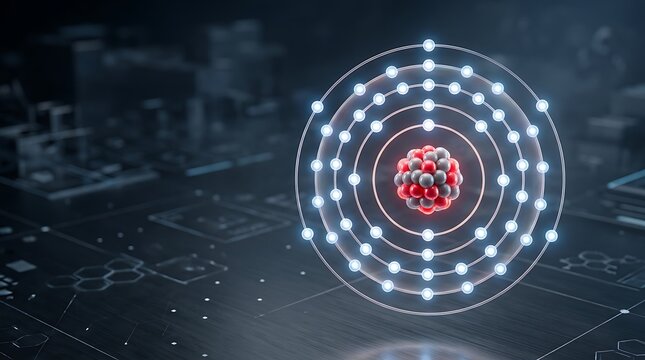 Atomic structure model showing red protons and gray neutrons with glowing blue electrons orbiting in bright circular rings against background