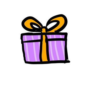Cute purple gift box illustration, wrapped present box doodle with yellow ribbon isolated on white background