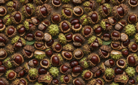 Autumn horse chestnuts and spiky green husks pattern background, conkers harvest flat lay concept for seasonal graphic design and wallpaper