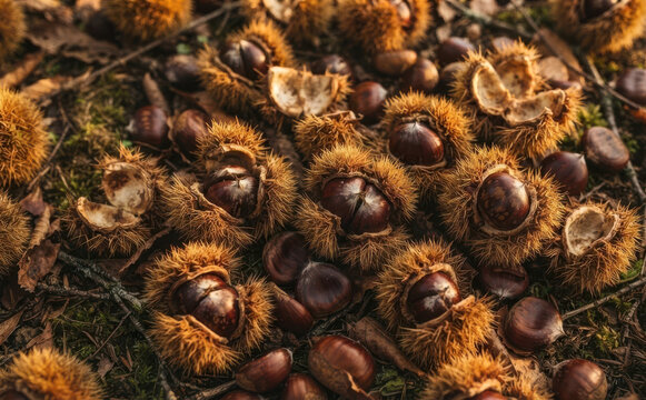 Sweet chestnuts in spiky burrs on forest ground in autumn, crisp edible nuts harvesting concept for seasonal food and nature photography