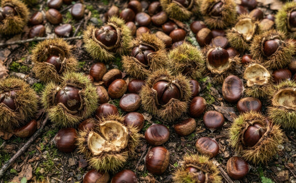 Fresh sweet chestnuts in spiky husks scattered on forest ground during autumn harvest season representing nature food background