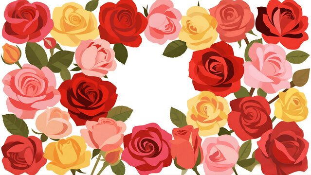 Elegant circular floral frame composed of vibrant multicolored roses and green leaves on a clean white background.
