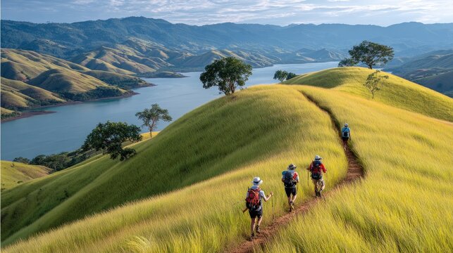 Hikers on a Grassy Ridge: Three hikers trek along a narrow path on a vibrant green grassy ridge, with a serene lake stretching out beside the rolling hills under a clear sky.