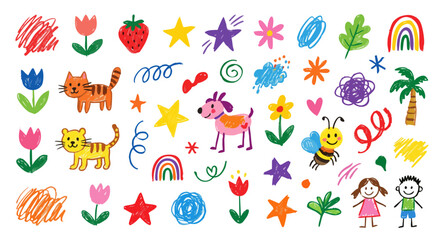 Obraz premium Cute colorful kids crayon doodles and playful hand drawn set