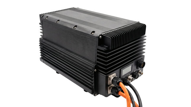 Industrial black metal power converter unit with cooling fins and electrical cables.