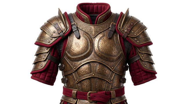 Medieval bronze armor photo. Ornate engraved metal cuirass and pauldrons with red quilted fabric padding