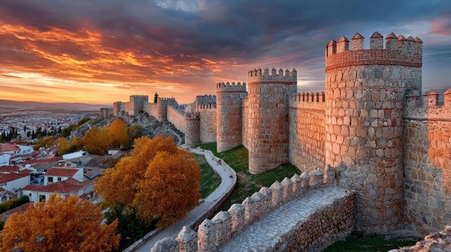 Ancient Fortress at Sunset: A magnificent medieval fortress with imposing stone walls and turrets stands silhouetted against a dramatic sunset sky, with autumnal trees dotting the landscape below.