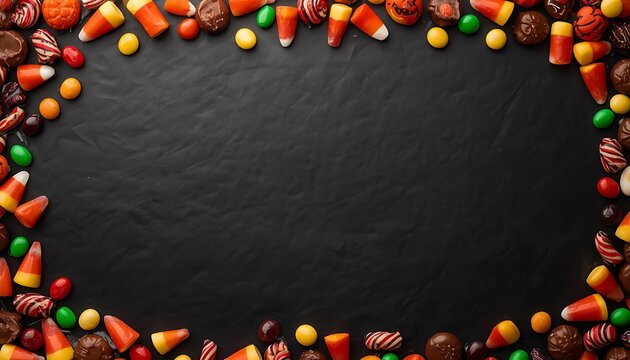 Overhead view of a dark background framed by a colorful assortment of Halloween candies, including candy corn, chocolates, and various sweets, creating a festive border.