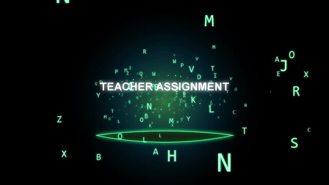 Teacher assignment text with floating letters on dark background