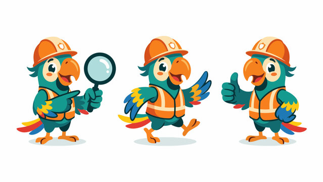 Cute cartoon parrot character in construction worker outfit, holding a magnifying glass, giving a thumbs up, and walking.