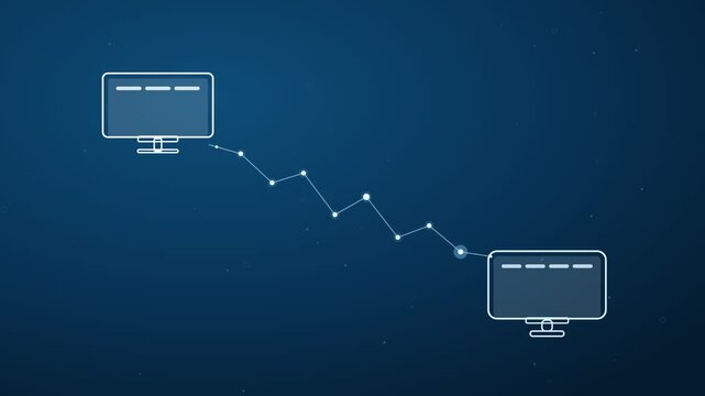 Motion graphic vector animation showing two desktop computers connected by a data transfer line graph on a blue background