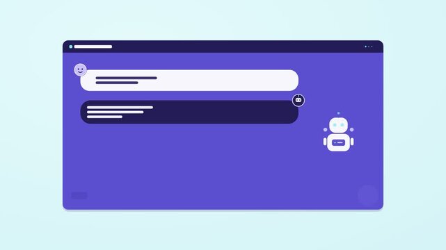 Motion graphic animation of a digital chat interface with an AI bot avatar, message bubbles, and automated customer service response elements