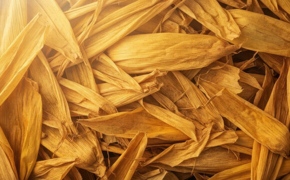 Dry corn husks texture background for cooking and crafts, pile of natural organic maize leaves used for tamales wrapping