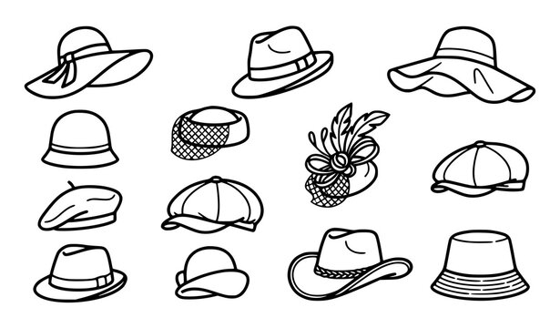 Fashion hat outline icons with elegant wide brim fedora beret and vintage headwear vector collection