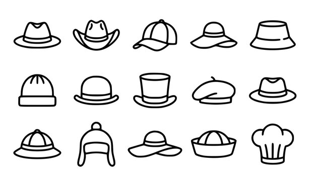 Hat outline icons collection with fedora cowboy cap beanie beret and classic headwear vector designs
