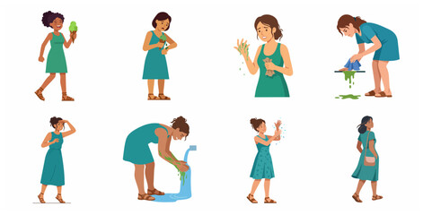Fototapeta premium Vector illustration set showing a girl's sequence of actions after spilling ice cream, including cleaning the mess and washing hands with various emotional expressions.