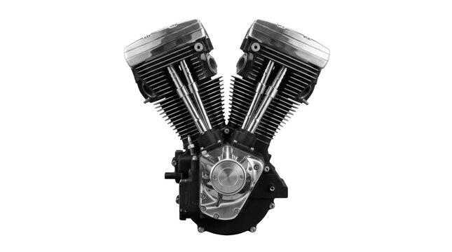 Powerful V Twin Motorcycle Engine Isolated on White Background.