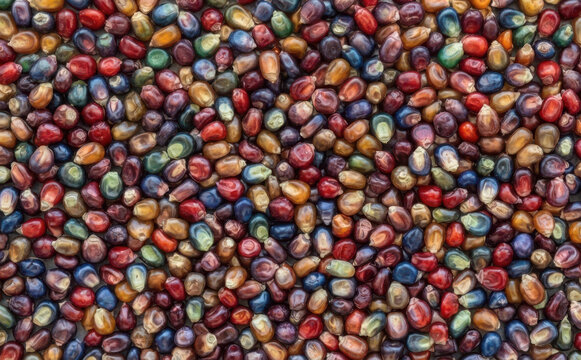 Colorful flint corn kernels background for autumn harvest and Thanksgiving celebration concepts, macro abstract food photography