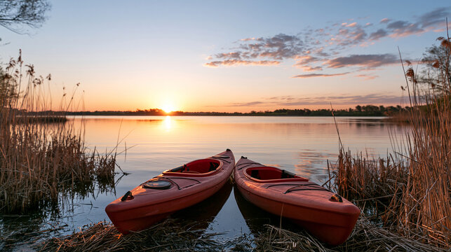 Two Small Boats Pulled onto a Quiet Shore in Golden Light
