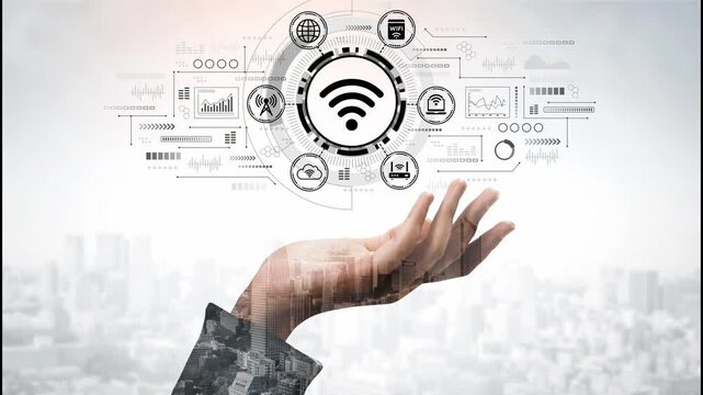 Abstract representation of wireless technology and communication with a hand showing a Wi-Fi symbol surrounded by digital elements and city skyline in the background. Entropy.