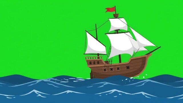 Cartoon vector illustration of wooden sailing boat with white sails on blue ocean waves under sunny sky with clouds. Flat design concept for travel, adventure, sea voyage, journey, Green screen 