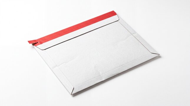 A white envelope with a red strip for sealing, positioned diagonally.