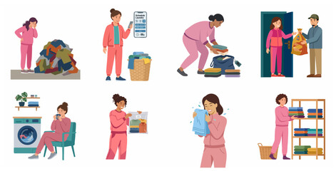 Fototapeta premium Laundry Service Illustration Set showing App Scheduling, Washing, Folding, and Delivery Process for Modern Household Management