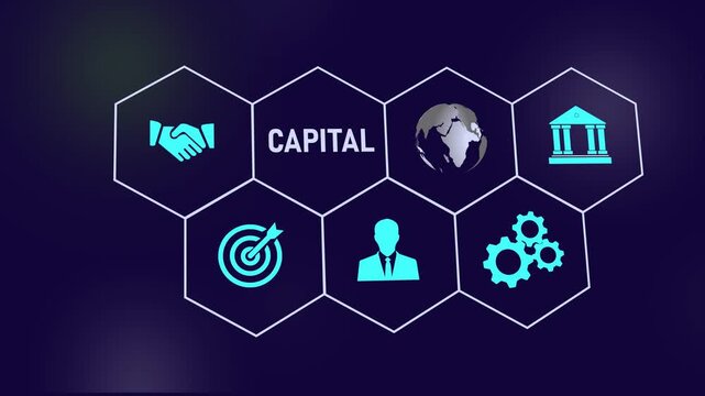 Dynamic financial capital concept animation featuring glowing hexagonal infographic representing global banking, corporate strategy, business growth, networking, and economic investment