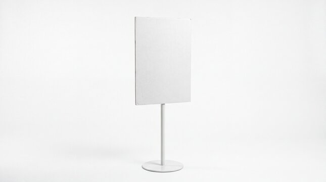A blank white sign on a stand, ready for customization. The sign is rectangular and stands upright on a circular base, with a single pole supporting it.