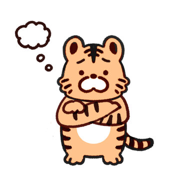 Cute thoughtful tiger cartoon with thought bubble