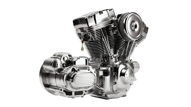 Shiny Chrome V Twin Motorcycle Engine Isolated on White Background.
