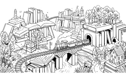 Fototapeta premium Whimsical black and white coloring page featuring a magical train traveling through a landscape made of books