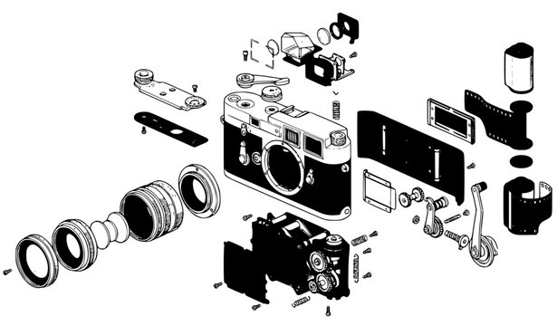 Detailed isometric exploded view of a vintage film camera showing all internal components and mechanical parts