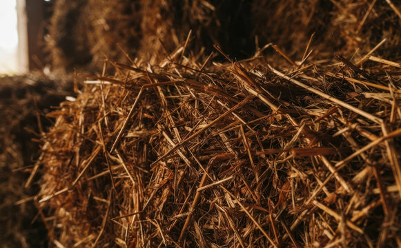 Close up texture of dry straw bales stacked inside a rural farm barn representing agriculture harvest and livestock feed concepts