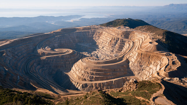 Aerial View of a Deep Surface Mine with Winding Excavation Levels