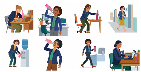Fototapeta premium Set of flat illustrations of businesswomen staying hydrated at the office, drinking water from bottles and refilling at the dispenser for workplace health and productivity.