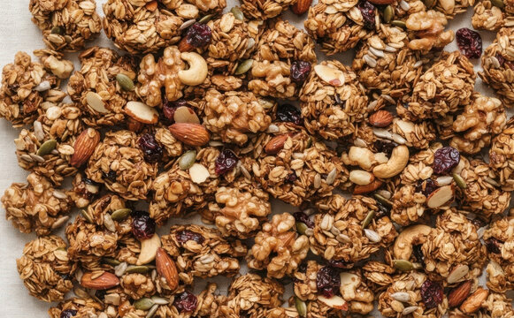 Crunchy homemade granola clusters mixed with oats, nuts, and dried cranberries on a neutral background, perfect for healthy breakfast and snacking concepts