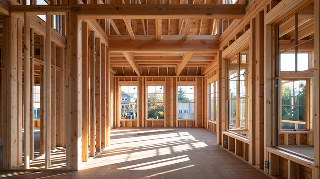 Construction Site with Exposed Lumber Walls and Natural Daylight