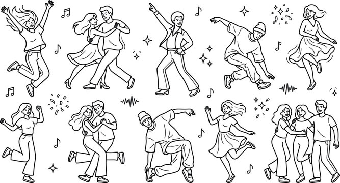 Happy people dancing and celebrating vector illustration set with breakdance hiphop disco couple dance and music note elements