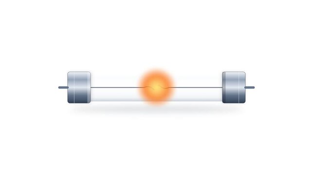 Glass fuse overload animation with electric spark and overcurrent burning on white background