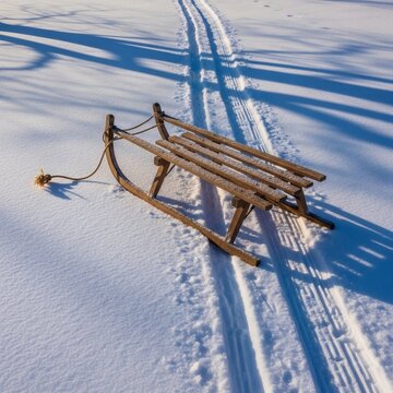 Vintage wooden sled resting on fresh snow with parallel tracks and long shadows in a serene winter landscape