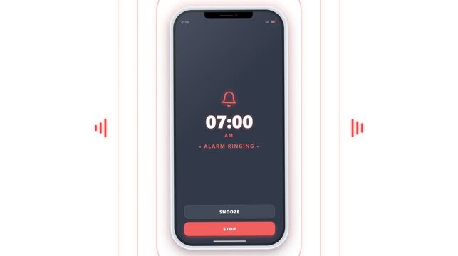 iPhone alarm clock animation with alarm ringing on smartphone screen on white background