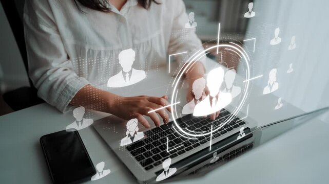 Professional person using laptop in modern office with digital network connections, social media icons, and remote work concept illustration Sigmoid