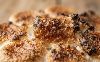 Fototapeta premium Macro close up of toasted marshmallows with golden brown crust and caramelized sugar texture ready for s mores making concept