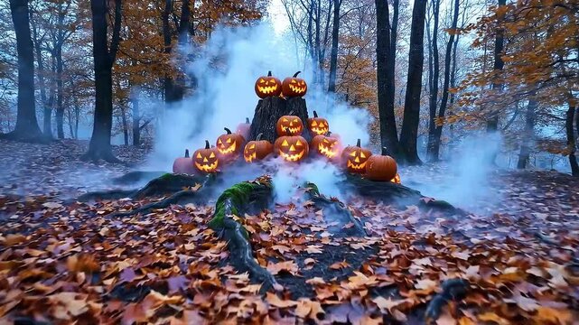 Multiple glowing jack-o'-lanterns placed around tree roots and a stump surrounded by dense smoke and fallen autumn leaves in an eerie forest.