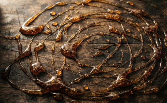 Golden honey dripping and swirling in complex patterns on a rustic dark wooden cutting board surface representing natural sweetness and organic food